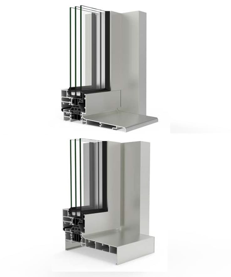 Rendus 3D du profil Cortizo COR 70 Ouvrant Caché TBB avec triple vitrage — vue d'angle avec et sans base extérieure