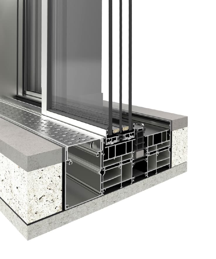 Render 3D du seuil encastré Cortizo COR Vision Plus avec drainage, intégré dans la dalle béton
