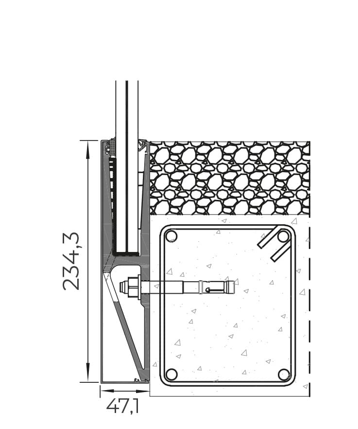 Coupe technique Cortizo View Crystal — fixation déportée en rive de terrasse (hauteur 234 mm)