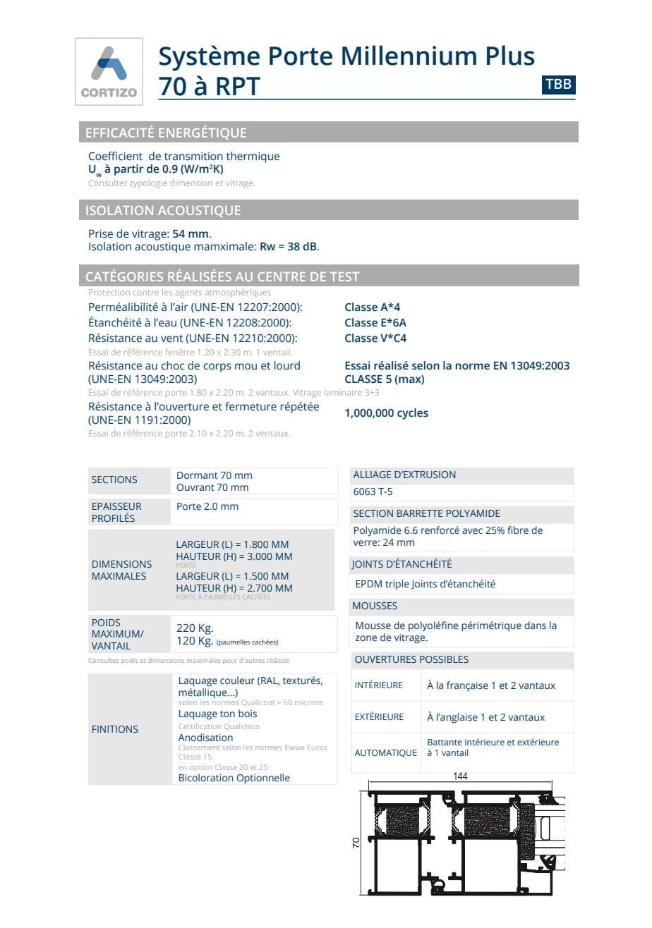 Fiche produit Cortizo Millennium Plus 70 : coupe profil, Uw 0,9 W/m²K, Rw 38 dB, classes A*4/E*6A/V*C4, classe 5 corps mou, 1 million de cycles, DTA CSTB