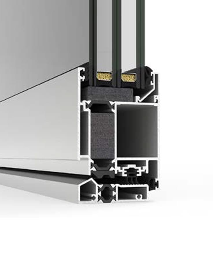 Render 3D en coupe du profil Cortizo Millennium Plus 70 — 70 mm, triple vitrage, rupture de pont thermique