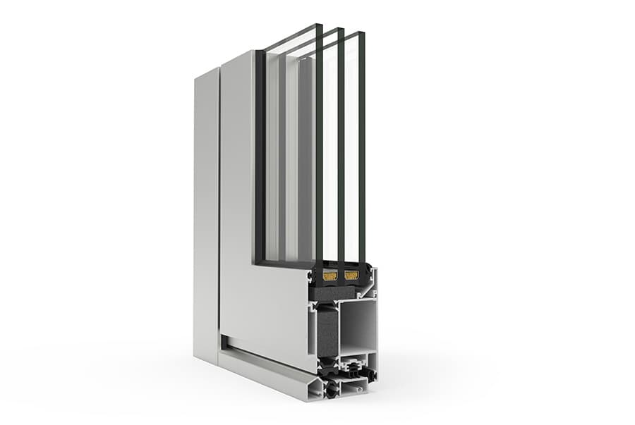 Render 3D du profil d'angle Cortizo Millennium Plus 70 — finition argent, triple vitrage