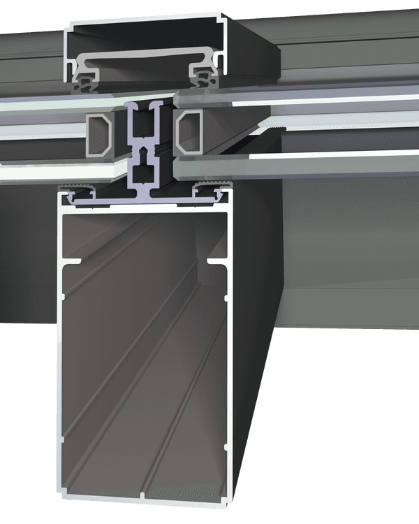 Coupe 3D technique du chevron Reynaers ConceptRoof 120 — assemblage de la toiture vitrée, style Fonctionnel