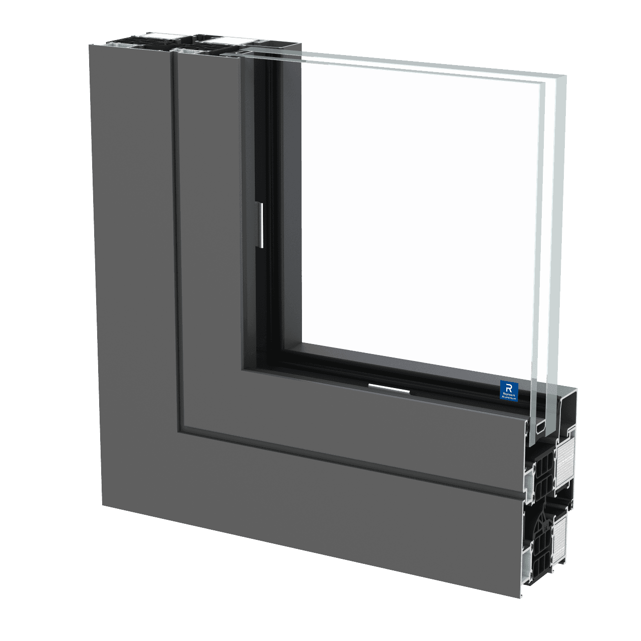 Rendu produit Reynaers CS 77 FP — fenêtre pare-flammes EW 30 en aluminium anthracite, vue 3D du profil avec ouvrant et dormant