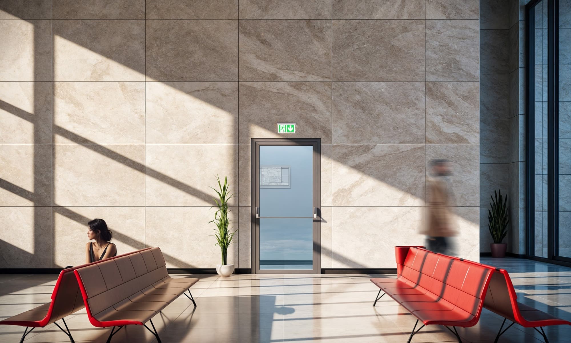 Photo d'application de la gamme Reynaers résistante au feu : ensemble vitré aluminium dans un hall d'accueil à revêtement marbre